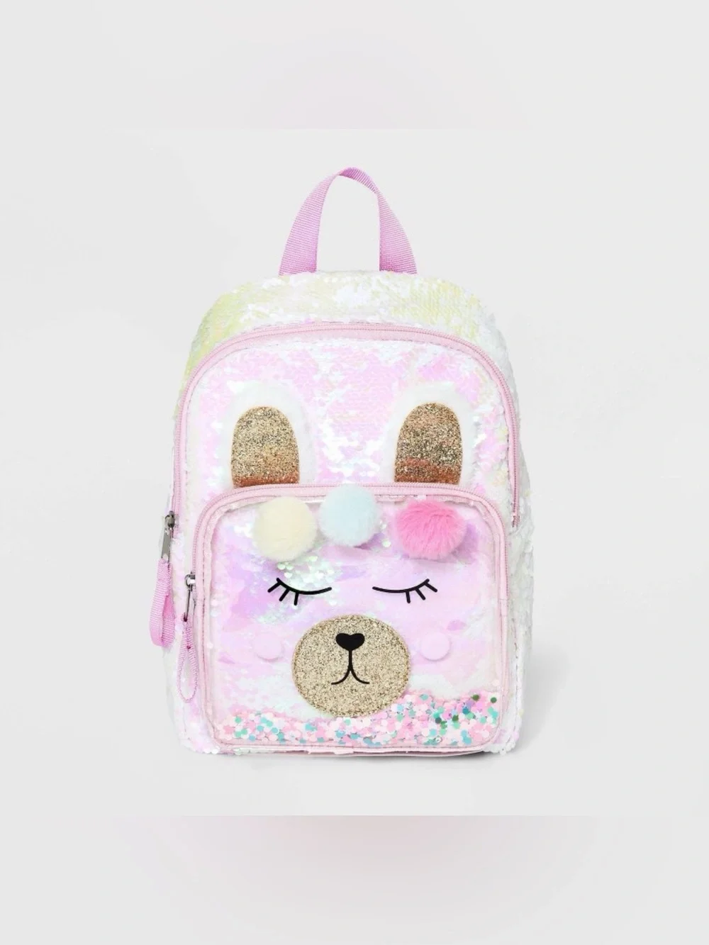 Cat & Jack Pink Sequin Plush Llama Kids Backpack with Pom-Poms